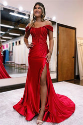 Long Off The Shoulder Mermaid Satin Lace Evening Prom Dress with Split